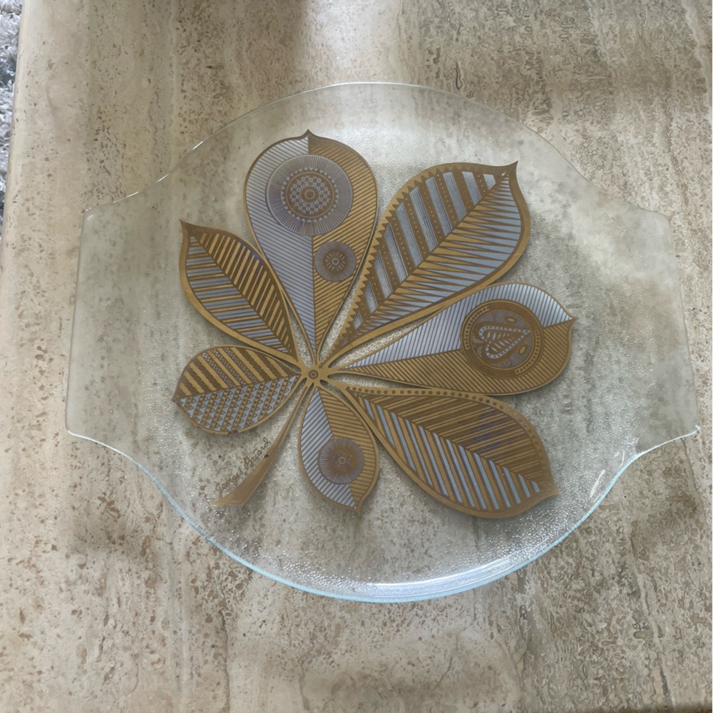 MCM George Briard Chestnut Leaf Gold Tray Glass Metal LARGE  16" Atomic Barware